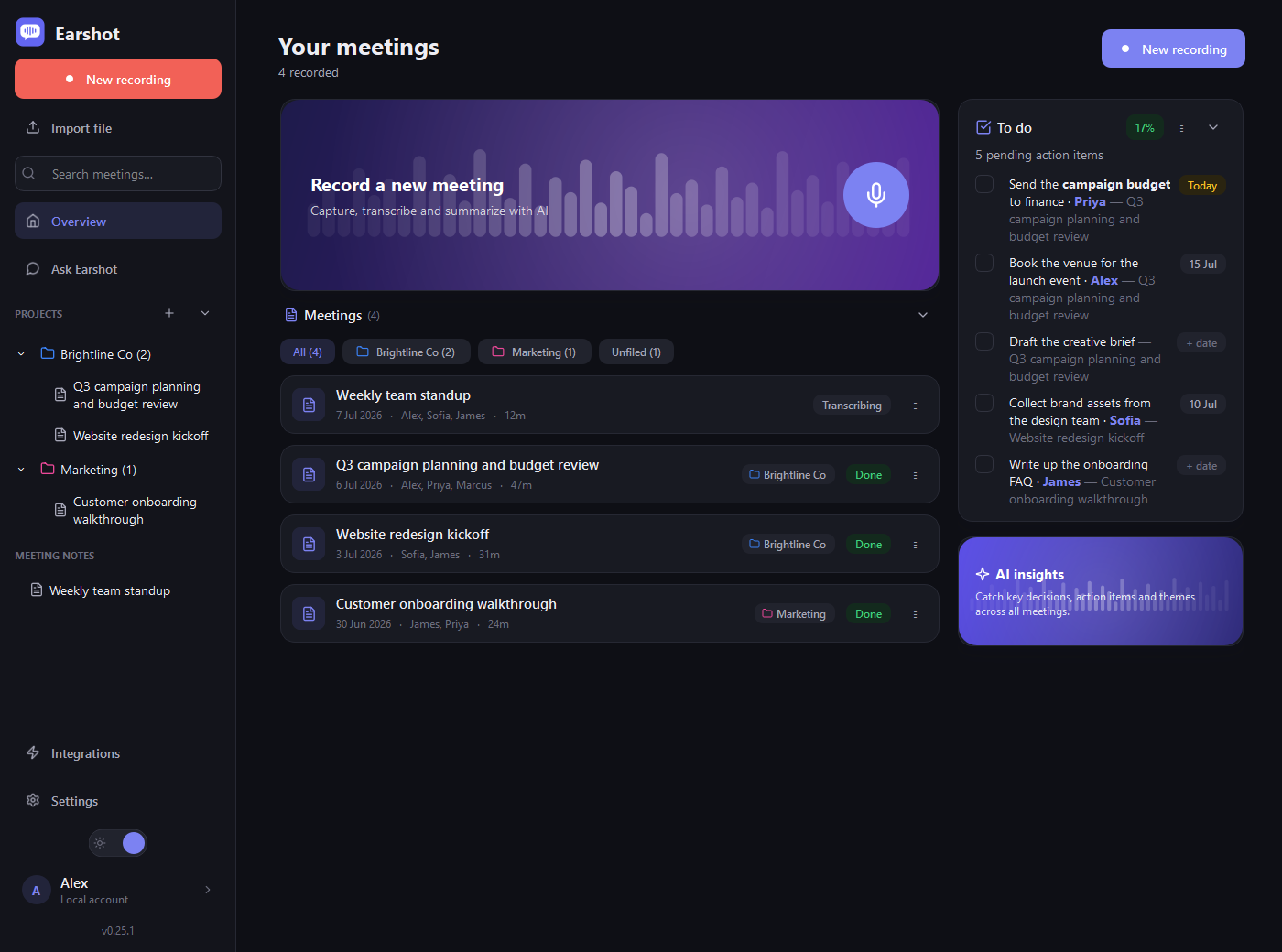 Earshot overview in dark theme: record card, meeting list and a rolled-up to-do rail