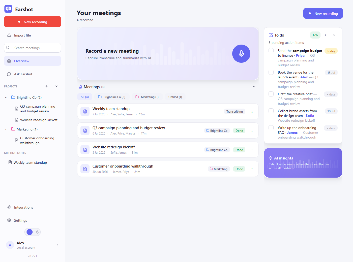 Earshot overview: record card, meeting list and a rolled-up to-do rail