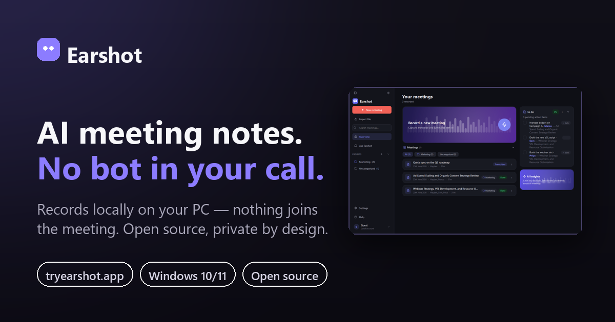 Earshot social banner: AI meeting notes, no bot in your call