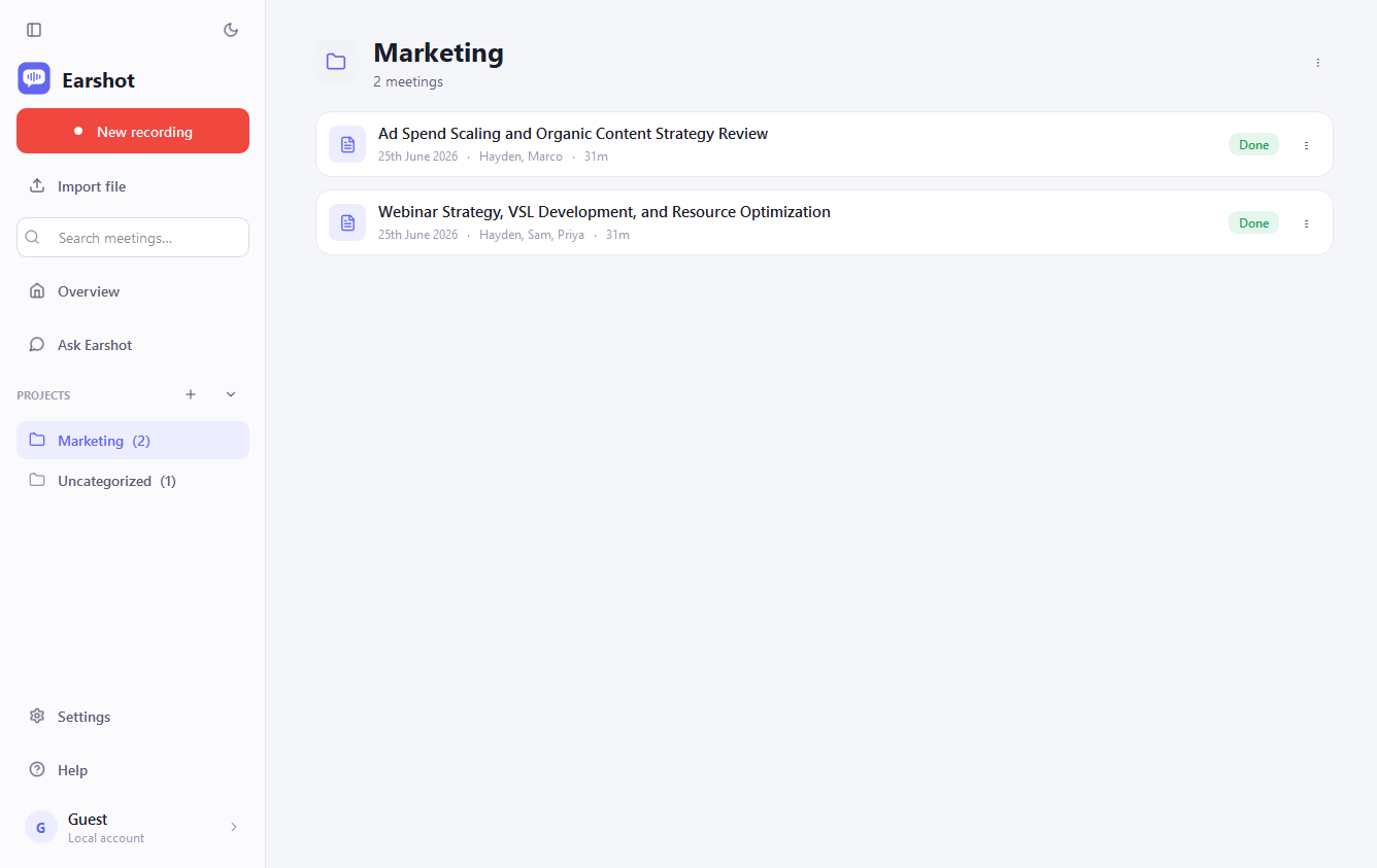 A project page: its meetings in one list, with the projects sidebar